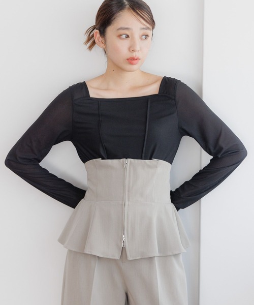 mysty woman（ミスティウーマン）の「キリカエ2WAYインナープルオーバー　200749（Tシャツ/カットソー・レディース・グレイッシュブルー/ブラック/グレイッシュベージュ・FREE）」の2枚目の写真