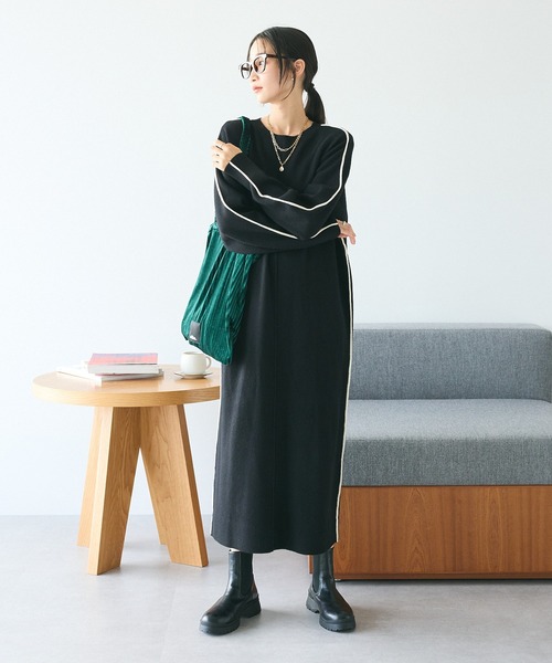 CRAFT STANDARD BOUTIQUE（クラフトスタンダードブティック）の「とてもちライン入りニットワンピース（ワンピース・レディース・グリーン/アイボリー/ブラック・FREE）」の4枚目の写真