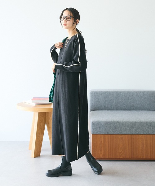 CRAFT STANDARD BOUTIQUE（クラフトスタンダードブティック）の「とてもちライン入りニットワンピース（ワンピース・レディース・グリーン/アイボリー/ブラック・FREE）」の6枚目の写真