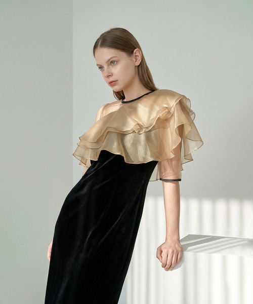 LEJA】アシンメトリーティアードフリル3WAYベロアIラインドレス