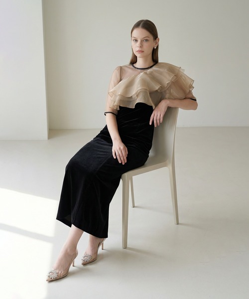 LEJA】アシンメトリーティアードフリル3WAYベロアIラインドレス