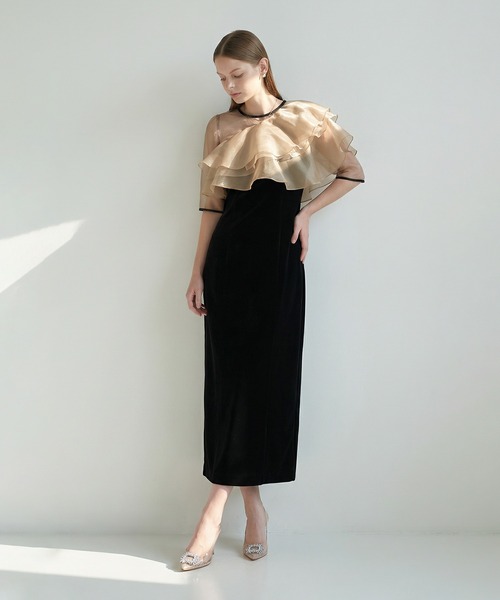 LEJA】アシンメトリーティアードフリル3WAYベロアIラインドレス