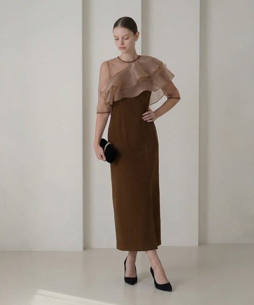 LEJA アシンメトリーティアードフリル3WAYベロアIラインドレス ブラウンS レジャ Leja アシンメトリーティアードフリル3WAYベロアIラインドレス