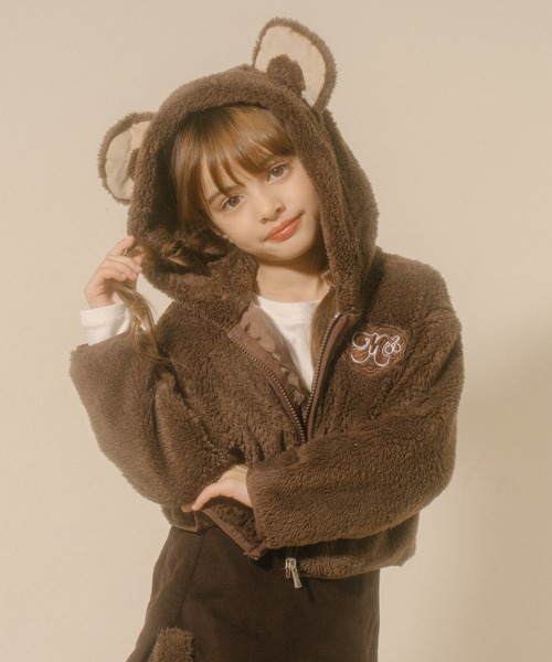 URBAN CHERRY（アーバンチェリー）の「【Mielボアシリーズ】ハート刺繍くま耳フード付きジップジャケット（ブルゾン・キッズ・ピンク/ブラウン/アイボリー・110cm/120cm/130cm/140cm/150cm）」の7枚目の写真