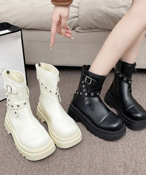 Miniministore(ミニミニストア)の「厚底ショートブーツレディースベルトブーツ(ブーツ・レディース・ブラック/アイボリー・24.0cm/24.5cm/22.5cm/23.0cm/23.5cm)」の7枚目の写真
