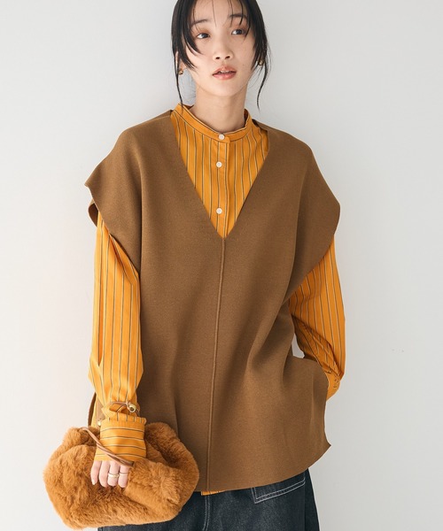 CRAFT STANDARD BOUTIQUE(クラフトスタンダードブティック)の「Vネックミラノリブニットベスト(ベスト・レディース・ブラック/アイボリー/キャメル・FREE)」の3枚目の写真