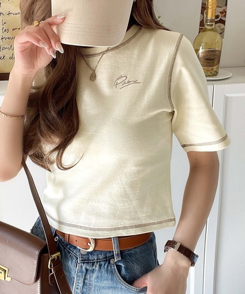 classicalelf(クラシカルエルフ)の「1枚で今っぽデザイン♪PAEAN刺繍配色ステッチチビTシャツ(半袖)(Tシャツ/カットソー・レディース・アイボリー/杢グレー/オフホワイト/ブラック・X-LARGE/LARGE/MEDIUM/SMALL)」の21枚目の写真