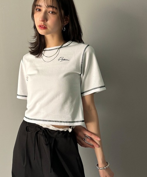 classicalelf(クラシカルエルフ)の「1枚で今っぽデザイン♪PAEAN刺繍配色ステッチチビTシャツ(半袖)(Tシャツ/カットソー・レディース・アイボリー/杢グレー/オフホワイト/ブラック・X-LARGE/LARGE/MEDIUM/SMALL)」の18枚目の写真