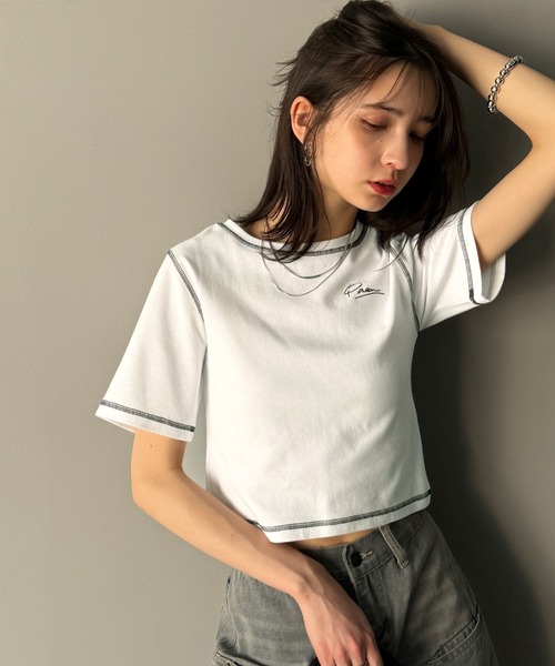 classicalelf(クラシカルエルフ)の「1枚で今っぽデザイン♪PAEAN刺繍配色ステッチチビTシャツ(半袖)(Tシャツ/カットソー・レディース・アイボリー/杢グレー/オフホワイト/ブラック・X-LARGE/LARGE/MEDIUM/SMALL)」の14枚目の写真