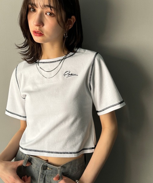 classicalelf(クラシカルエルフ)の「1枚で今っぽデザイン♪PAEAN刺繍配色ステッチチビTシャツ(半袖)(Tシャツ/カットソー・レディース・アイボリー/杢グレー/オフホワイト/ブラック・X-LARGE/LARGE/MEDIUM/SMALL)」の15枚目の写真