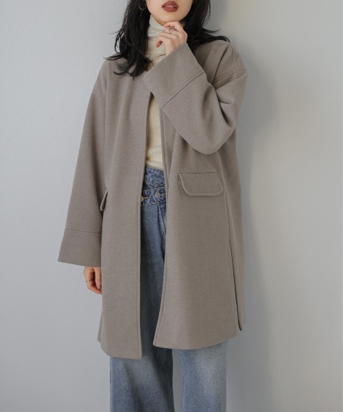 Lajour(ラジュール)の「ノーカラーウールライクコート(ノーカラーコート・レディース・オートミール/ブラウン/ブラック/グレー・フリー)」の4枚目の写真