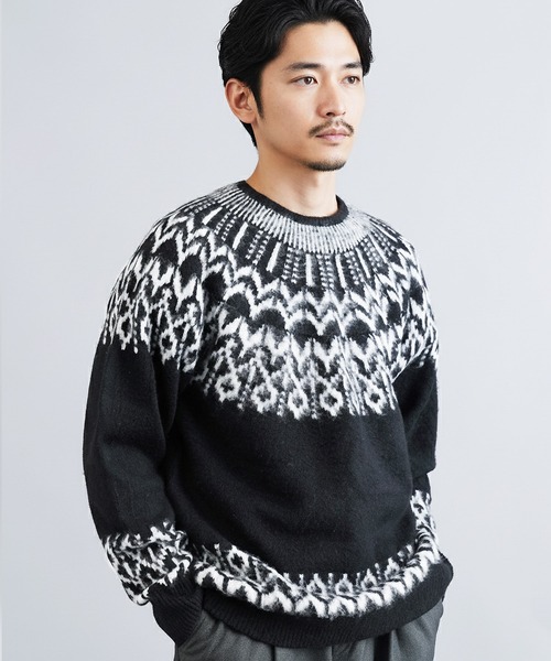 セール】モヘアタッチノルディック求心柄モックネックニットセーター