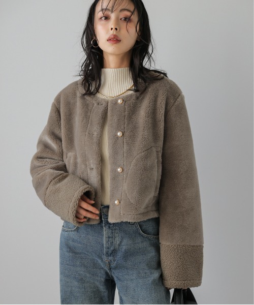 La-gemme（ラジェム）の「パールボタンファージャケット（ノーカラージャケット・レディース・ブラウン系/オフホワイト/ブラック・フリー）」の11枚目の写真