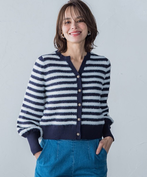 Viaggio Blu（ビアッジョブルー）の「フェザーボーダーカーディガン≪手洗い可能≫（カーディガン/ボレロ・レディース・ダークネイビー/アイボリー・M/S）」の3枚目の写真