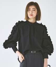 洗える | フリル & ハシゴレース スリーブ ブラウス | レディース 体型カバー 長袖 オフィスカジュアル きれいめ 上品 無地 華やか トップス シャツ