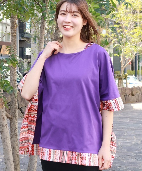 チチカカ(チチカカ)の「柄切替スクエアポンチョ(Tシャツ/カットソー・レディース・ブラック/イエロー/オレンジ/パープル・FREE)」の2枚目の写真