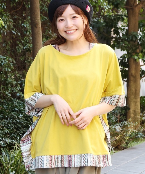 チチカカ(チチカカ)の「柄切替スクエアポンチョ(Tシャツ/カットソー・レディース・ブラック/イエロー/オレンジ/パープル・FREE)」の3枚目の写真