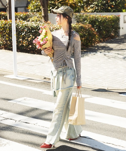 SPIRALGIRL（スパイラルガール）の「ワンショルダードロストリボントップス（Tシャツ/カットソー・レディース・ブラック/グレー/ピンク・FREE）」の7枚目の写真