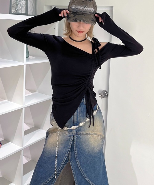 SPIRALGIRL（スパイラルガール）の「ワンショルダードロストリボントップス（Tシャツ/カットソー・レディース・ブラック/グレー/ピンク・FREE）」の5枚目の写真