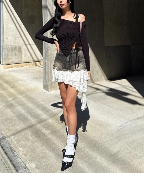 SPIRALGIRL（スパイラルガール）の「ワンショルダードロストリボントップス（Tシャツ/カットソー・レディース・ブラック/グレー/ピンク・FREE）」の13枚目の写真