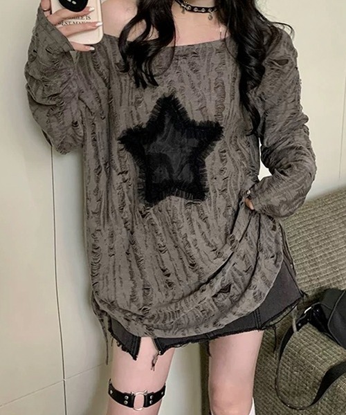 shopnikoniko(ショップニコニコ)の「チュールスターモチーフ ワンショルダー ダメージトップス(Tシャツ/カットソー・レディース・ホワイト/グレー・フリー)」の2枚目の写真