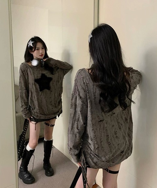 shopnikoniko(ショップニコニコ)の「チュールスターモチーフ ワンショルダー ダメージトップス(Tシャツ/カットソー・レディース・ホワイト/グレー・フリー)」の7枚目の写真