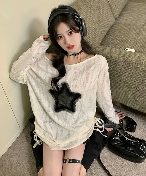 shopnikoniko(ショップニコニコ)の「チュールスターモチーフ ワンショルダー ダメージトップス(Tシャツ/カットソー・レディース・ホワイト/グレー・フリー)」の9枚目の写真
