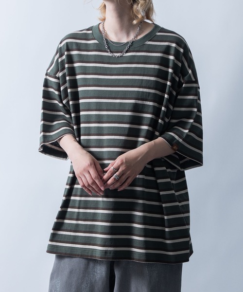 Tシャツ・カットソー Never Round Border T Shirt (2color) クラシックデザインオーバーサイズボーダーロンT