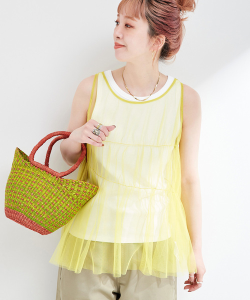 B.C STOCK(ベーセーストック)の「《2点セット》ウォッシャブル / 手洗い可 / チュールトップス+タンクセット(タンクトップ・レディース・ブラック/イエロー/ブルー・FREE)」の3枚目の写真