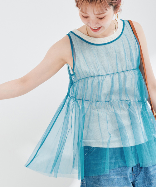 B.C STOCK(ベーセーストック)の「《2点セット》ウォッシャブル / 手洗い可 / チュールトップス+タンクセット(タンクトップ・レディース・ブラック/イエロー/ブルー・FREE)」の2枚目の写真