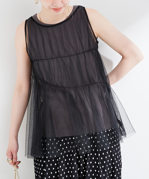 B.C STOCK(ベーセーストック)の「《2点セット》ウォッシャブル / 手洗い可 / チュールトップス+タンクセット(タンクトップ・レディース・ブラック/イエロー/ブルー・FREE)」の1枚目の写真