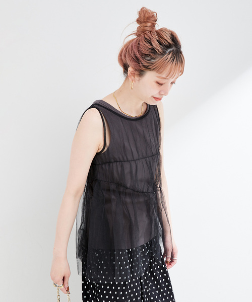 B.C STOCK(ベーセーストック)の「《2点セット》ウォッシャブル / 手洗い可 / チュールトップス+タンクセット(タンクトップ・レディース・ブラック/イエロー/ブルー・FREE)」の9枚目の写真