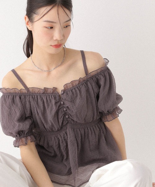 Heather(ヘザー)の「シアーチェックオフショルブラウス 499171(シャツ/ブラウス・レディース・ピンク/オフホワイト/グレー・FREE)」の2枚目の写真