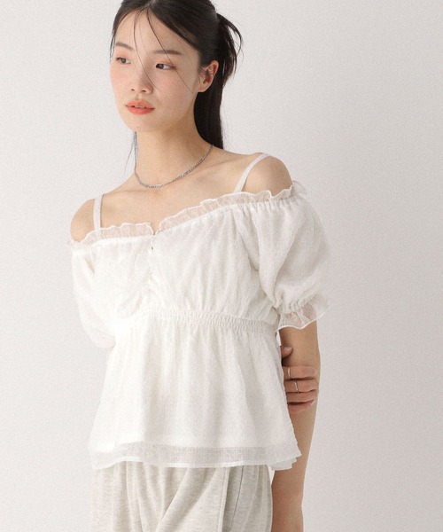 Heather(ヘザー)の「シアーチェックオフショルブラウス 499171(シャツ/ブラウス・レディース・ピンク/オフホワイト/グレー・FREE)」の1枚目の写真