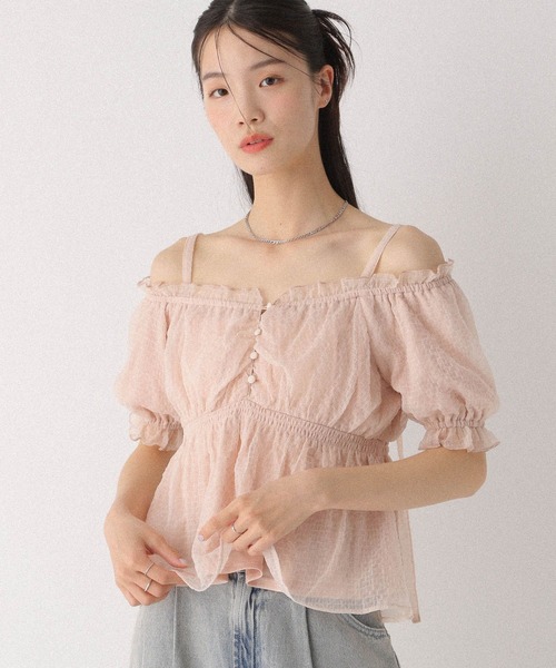 Heather(ヘザー)の「シアーチェックオフショルブラウス 499171(シャツ/ブラウス・レディース・ピンク/オフホワイト/グレー・FREE)」の3枚目の写真