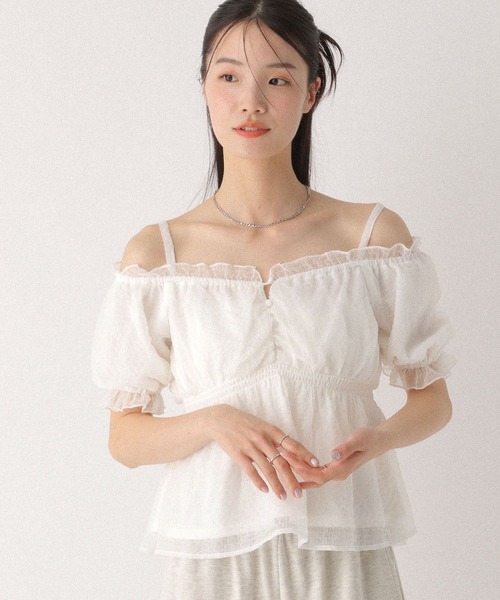 Heather(ヘザー)の「シアーチェックオフショルブラウス 499171(シャツ/ブラウス・レディース・ピンク/オフホワイト/グレー・FREE)」の11枚目の写真