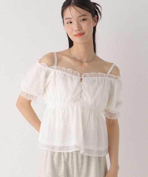 Heather(ヘザー)の「シアーチェックオフショルブラウス 499171(シャツ/ブラウス・レディース・ピンク/オフホワイト/グレー・FREE)」の8枚目の写真