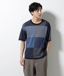 ブロックチェックニットTシャツ 半袖