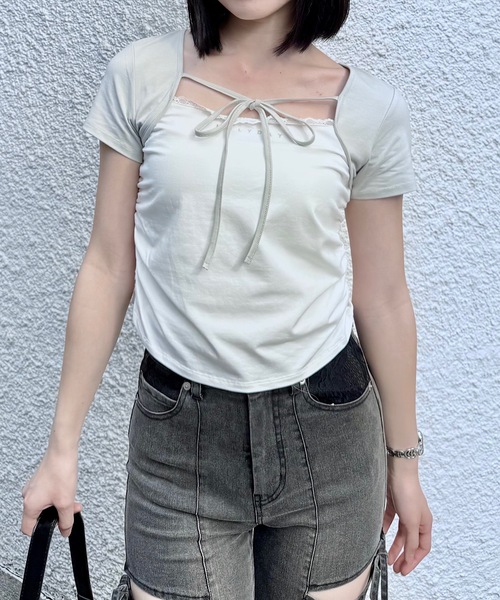 NOMAE(ノーマエ)の「バイカラーレイヤードTシャツ(Tシャツ/カットソー・レディース・アイボリー/グレー/ピンク/グリーン・FREE)」の1枚目の写真