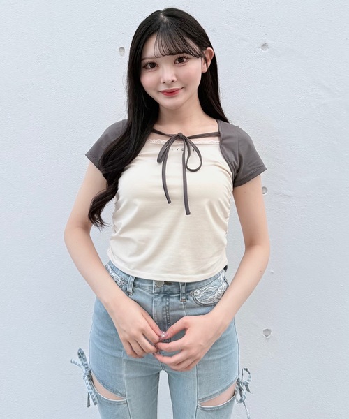 NOMAE(ノーマエ)の「バイカラーレイヤードTシャツ(Tシャツ/カットソー・レディース・アイボリー/グレー/ピンク/グリーン・FREE)」の11枚目の写真