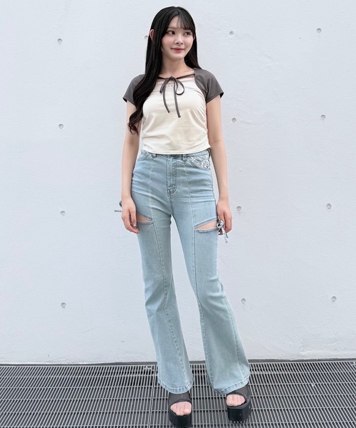 NOMAE(ノーマエ)の「バイカラーレイヤードTシャツ(Tシャツ/カットソー・レディース・アイボリー/グレー/ピンク/グリーン・FREE)」の14枚目の写真