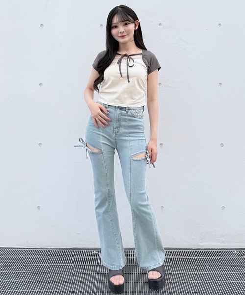 NOMAE(ノーマエ)の「バイカラーレイヤードTシャツ(Tシャツ/カットソー・レディース・アイボリー/グレー/ピンク/グリーン・FREE)」の12枚目の写真