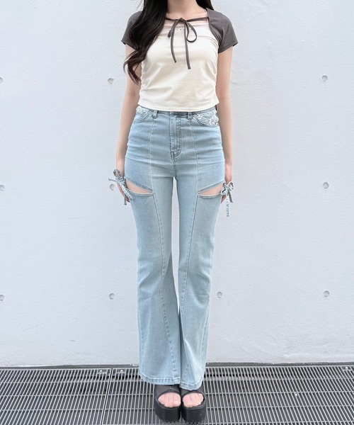 NOMAE(ノーマエ)の「バイカラーレイヤードTシャツ(Tシャツ/カットソー・レディース・アイボリー/グレー/ピンク/グリーン・FREE)」の7枚目の写真