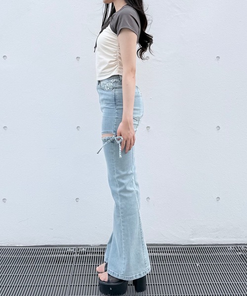 NOMAE(ノーマエ)の「バイカラーレイヤードTシャツ(Tシャツ/カットソー・レディース・アイボリー/グレー/ピンク/グリーン・FREE)」の8枚目の写真