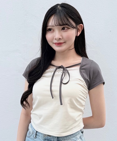 NOMAE(ノーマエ)の「バイカラーレイヤードTシャツ(Tシャツ/カットソー・レディース・アイボリー/グレー/ピンク/グリーン・FREE)」の6枚目の写真