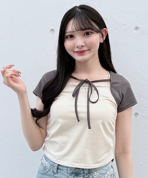 NOMAE(ノーマエ)の「バイカラーレイヤードTシャツ(Tシャツ/カットソー・レディース・アイボリー/グレー/ピンク/グリーン・FREE)」の10枚目の写真