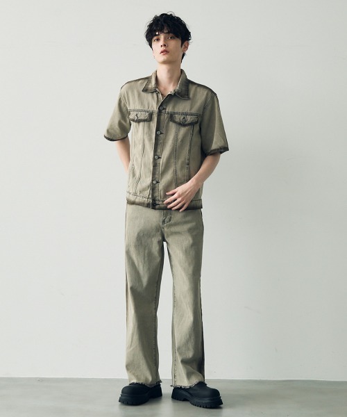 専用　TWWデニム(XS/S/brown) セール】Vintage brown wash short sleeve denim set up