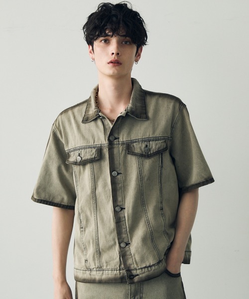 セール】Vintage brown wash short sleeve denim set up