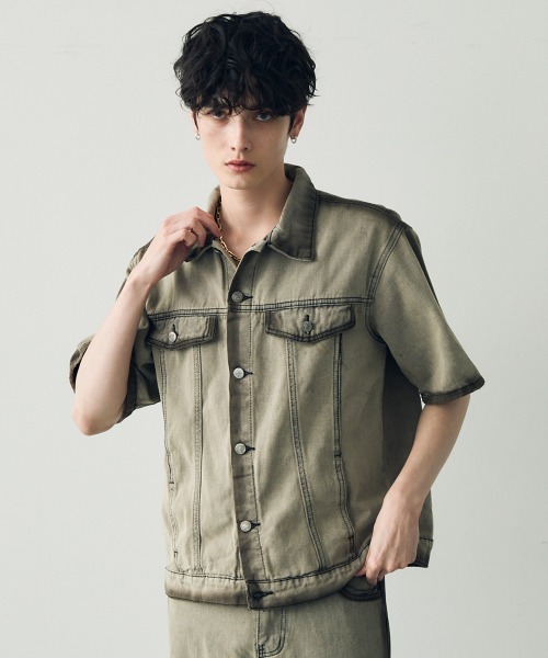 Shoowtime（ショウタイム）の「Vintage brown wash short sleeve denim set up / ビンテージブラウンウォッシュ半袖デニムセットアップ（セットアップ・メンズ・グレー・MEDIUM/LARGE/X-LARGE）」の19枚目の写真
