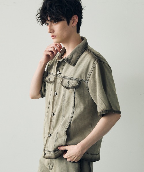 Shoowtime（ショウタイム）の「Vintage brown wash short sleeve denim set up / ビンテージブラウンウォッシュ半袖デニムセットアップ（セットアップ・メンズ・グレー・MEDIUM/LARGE/X-LARGE）」の16枚目の写真